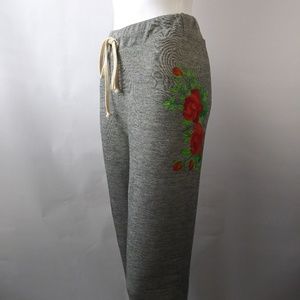 Wildfox Embroidered Red Roses Jogger Pants